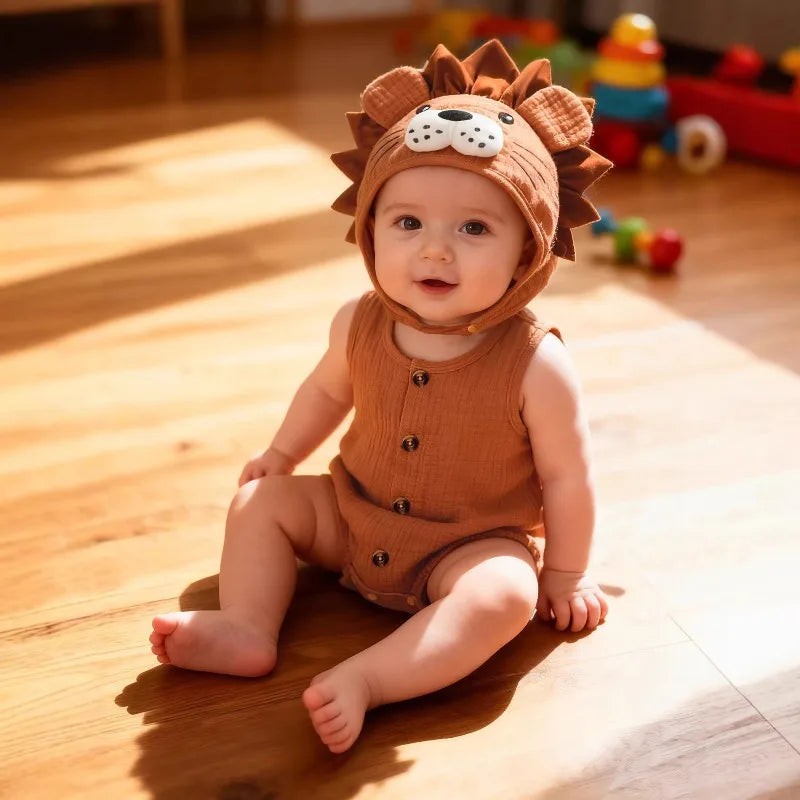 Newborn Baby Romper Knitted Hooded Lion Bodysuit Sleeveless Infant Jumpsuit Toddler Onesie Unisex Summer Outfit Button Playsuit