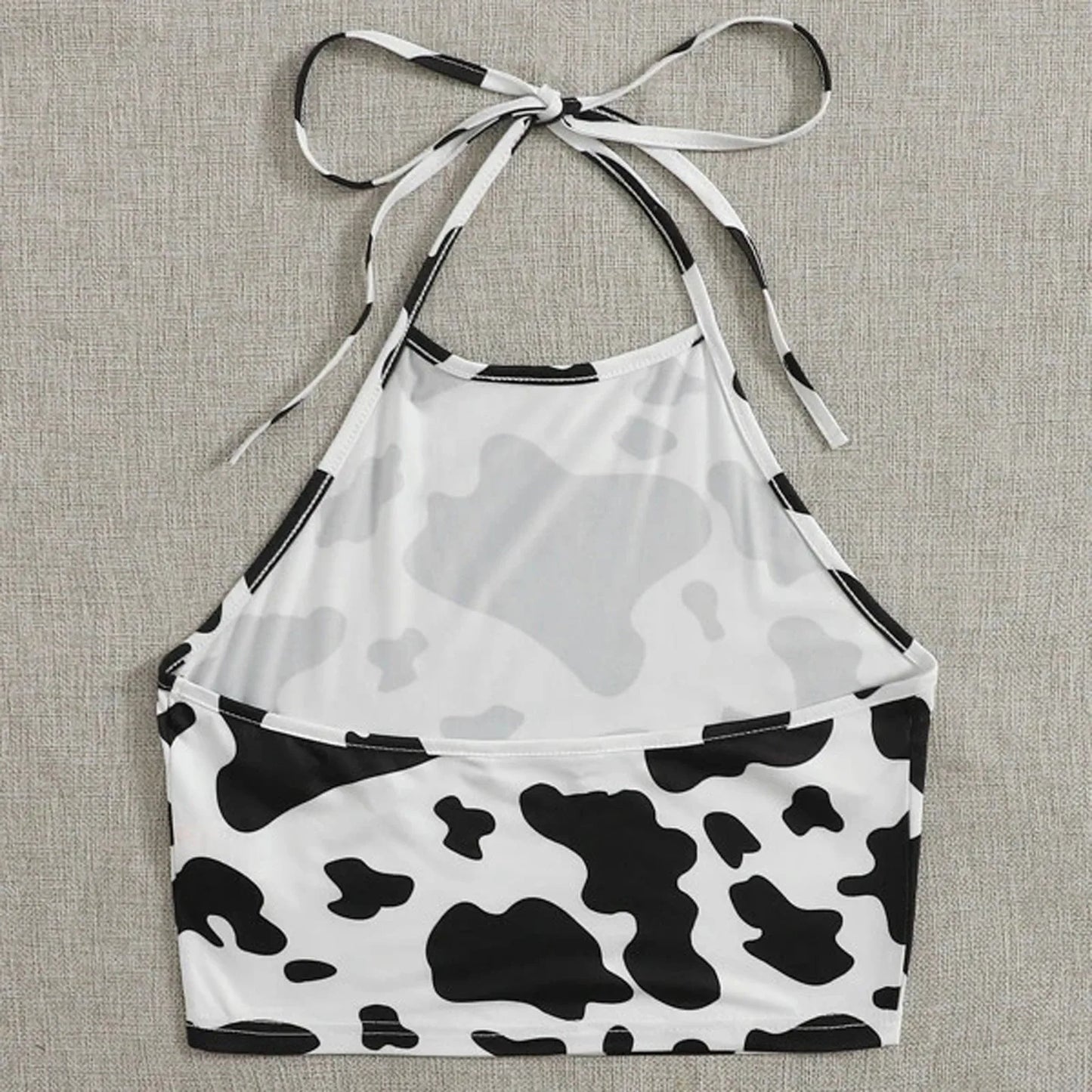 Summer Cow Printed Sexy Tank Tops Women Halter Neck Lace Up Cropped Tops Cute Cosplay Contrast Color Backless Trendy Cami Vest