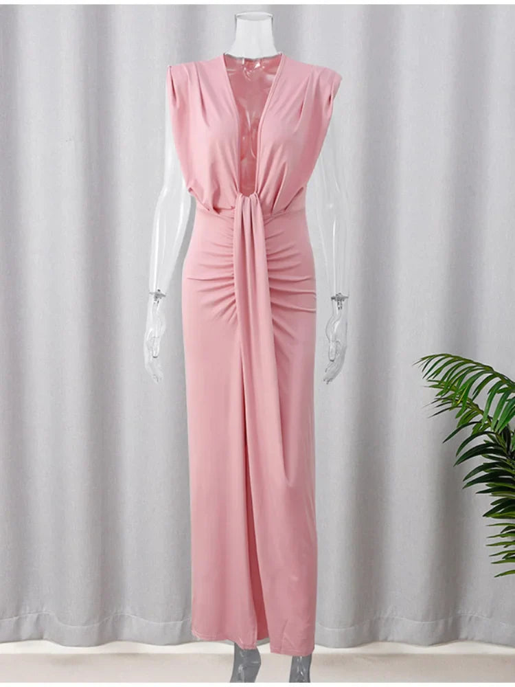 Elegant Solid Pleated Slim Sleeveless Midi Dress Women Sexy Deep V Neck High Slit Robe 2024 Summer Chic Lady Party Street Wear