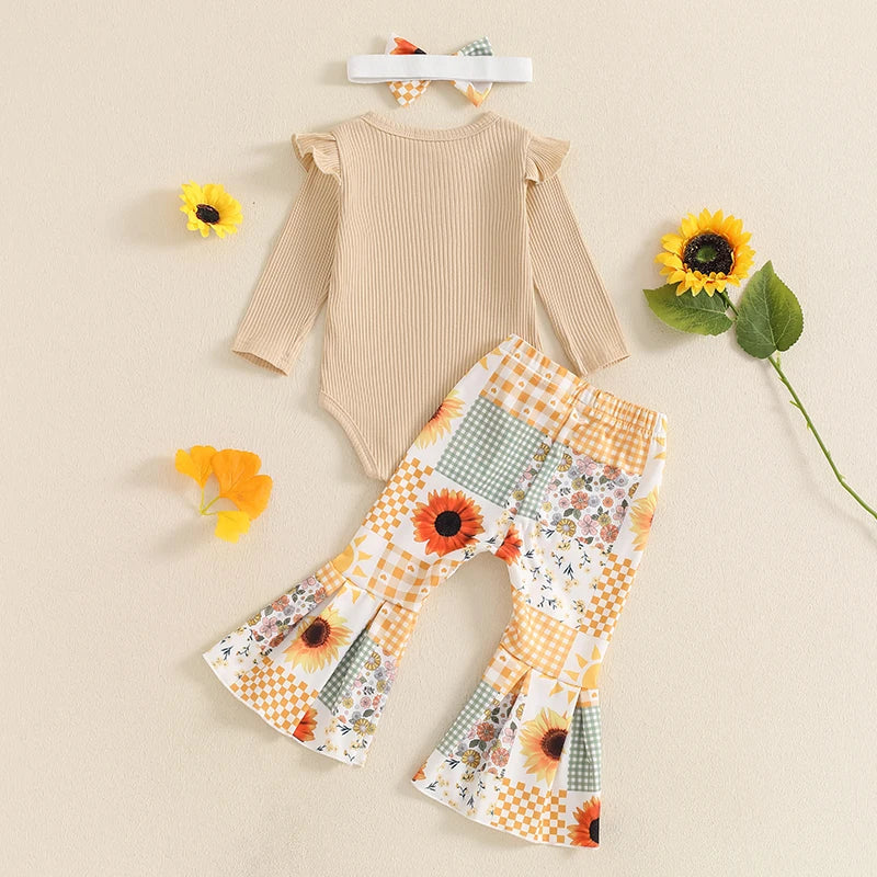 Newborn Baby Girl Clothes Rib Frill Long Sleeve Romper Daisy Flared Pants Headband Set 3pcs Fall Winter Outfits