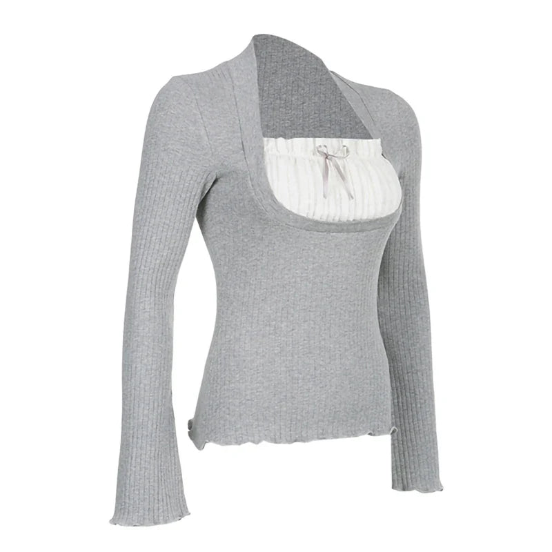Xingqing Elegant Lady Square Collar T Shirt Kawaii Clothes Fairy Grunge Long Sleeve Ribbed Tops y2k Tees 2000s Women Streetwear