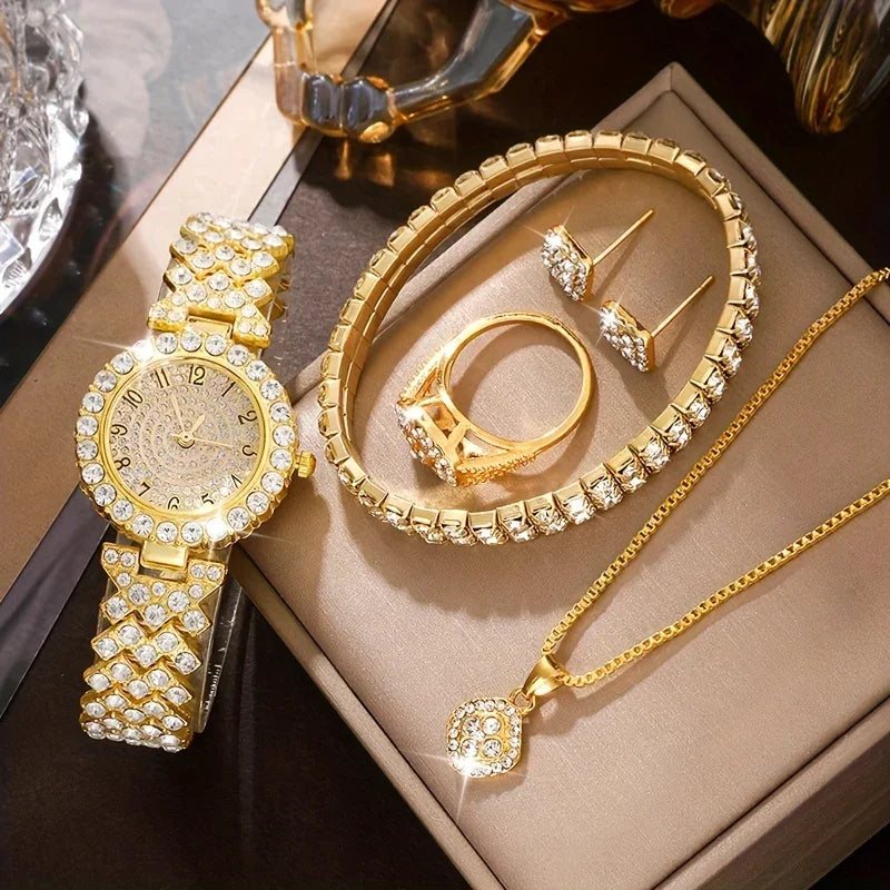 6-piece/set women's watch luxury rhinestone quartz watch gold fashion simulation watch and jewelry set