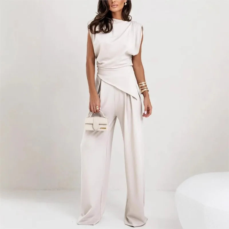 Summer Fashion Solid Two Piece Sets Women Elegant Slim Office Suit Casual Irregular Top And Wide Leg Pants 2 Piece Set Female