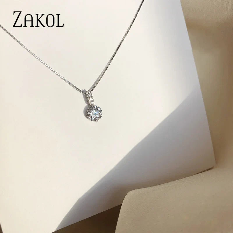 ZAKOL Simple Round Zirconia Pendant Necklaces for Women Shiny Crystal Fashion Party Dress Jewelry
