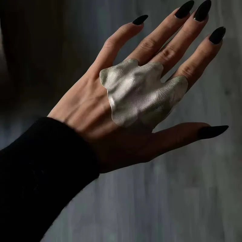 Exaggerated Metal Irregular Pleated Joint Ring for Women Men Exquisite Unique Geometric Texture Adjustable Ring Party Jewelry