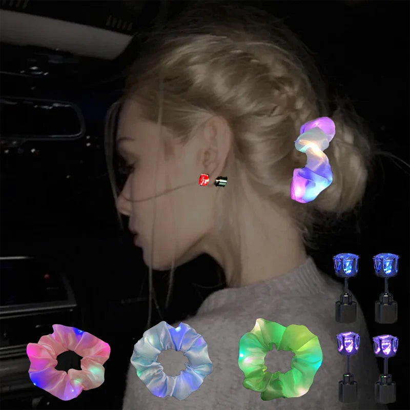 Colorful LED Hair Scrunchies Light Up Hair Bands Elastic LED Light Women Girls Hair Ties for Halloween Christmas Glow Part