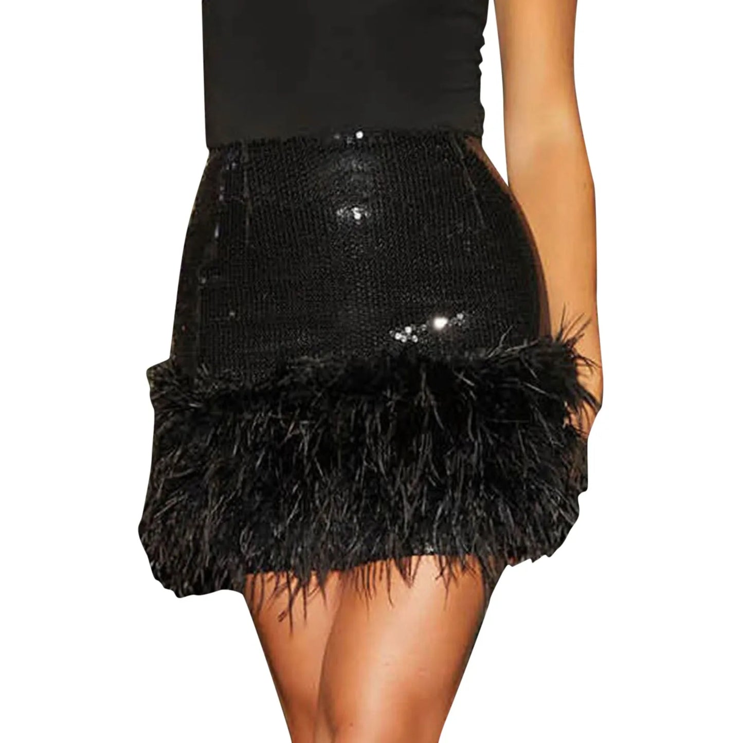 Mini Skirt For Hot Girl Women'S High Waist Sequin Feather Patchwork Wrap Hip Bodycon Mini Skirt Party Club Skirts With Zipper