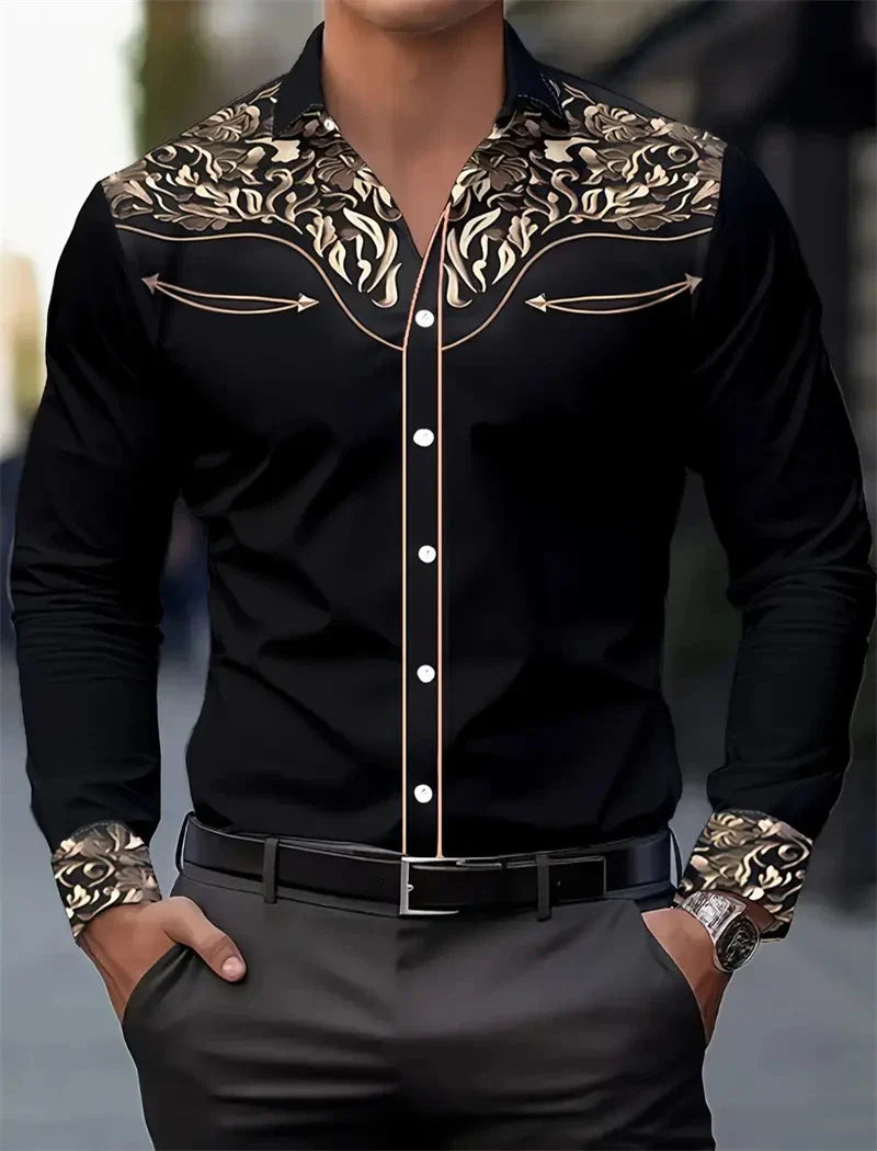 Men Long Sleeve Shirt, 3D Printing Style Vintage Denim Comfortable High Quality.