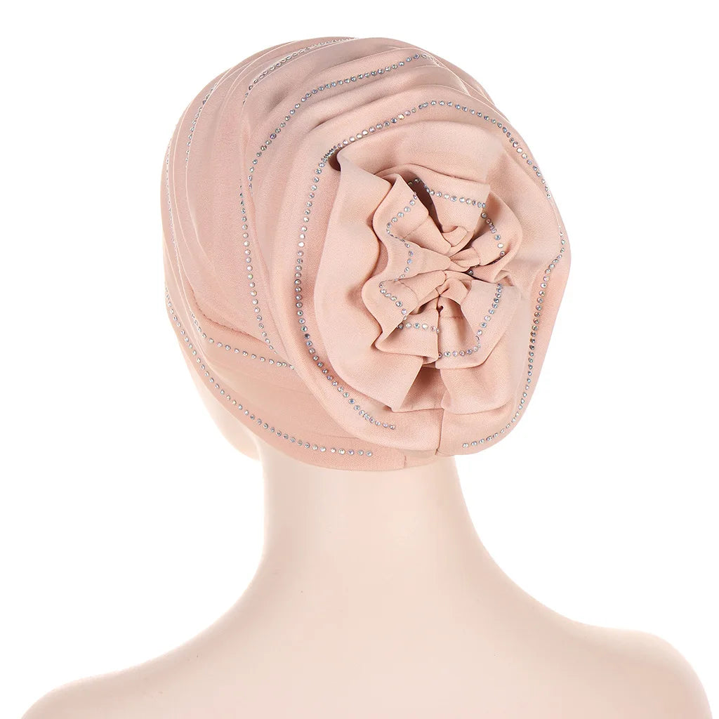 2024 New Rhinestones Women's Pleated Turban Cap Candy Color African Hat Nigeria Geles Muslim Headscarf Bonnet Ladies Head Wraps