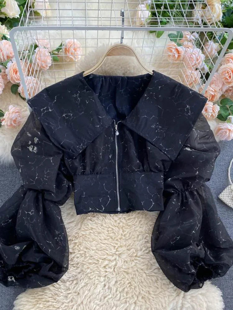 Women's  Autumn Spring Blouse European Court Style Retro Puff Sleeve Big Lapel Short Zipper Printed Shirts Female Blusa PL541