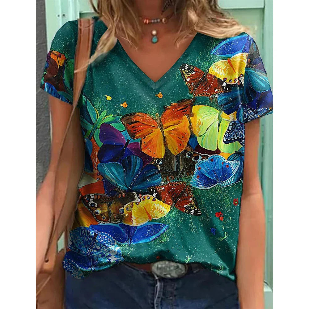 Women's T-shirts Fashion Tops V-neck Colorful Butterfly T Shirt Female Short Flowers Print Casual Tees Summer Oversized Clothes