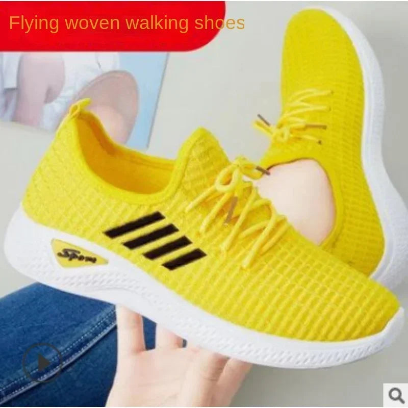 Trendy Shoes New Fly-Knit Sneakers Spring and Summer Soft Bottom Casual Mom Shoes Mesh Low-Top Running Student Shoes