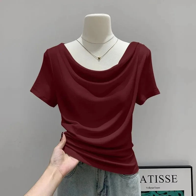 Summer Thin One Shoulder Short Sleeved T-shirt Feminine Temperament Summer Irregular Slim Fit Spicy Top Women Clothing