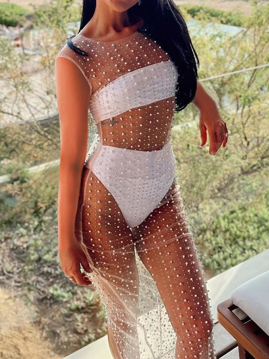 Yiiciovy Women's Bikini Cover-Ups Dress Ladies Sleeveless Dress with Pearl Decoration See Through Mesh Sheer Pool Party Dresses