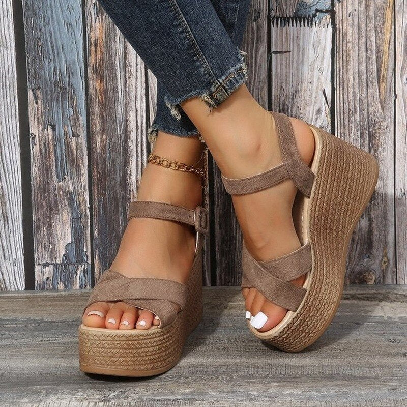 Sexy Roman Sandals Buckle Open Toe 2022 Summer New Anti-Slip Waterproof Cozy Beach Shoes Cross Tie Wedge Fashion Sandalias Mujer