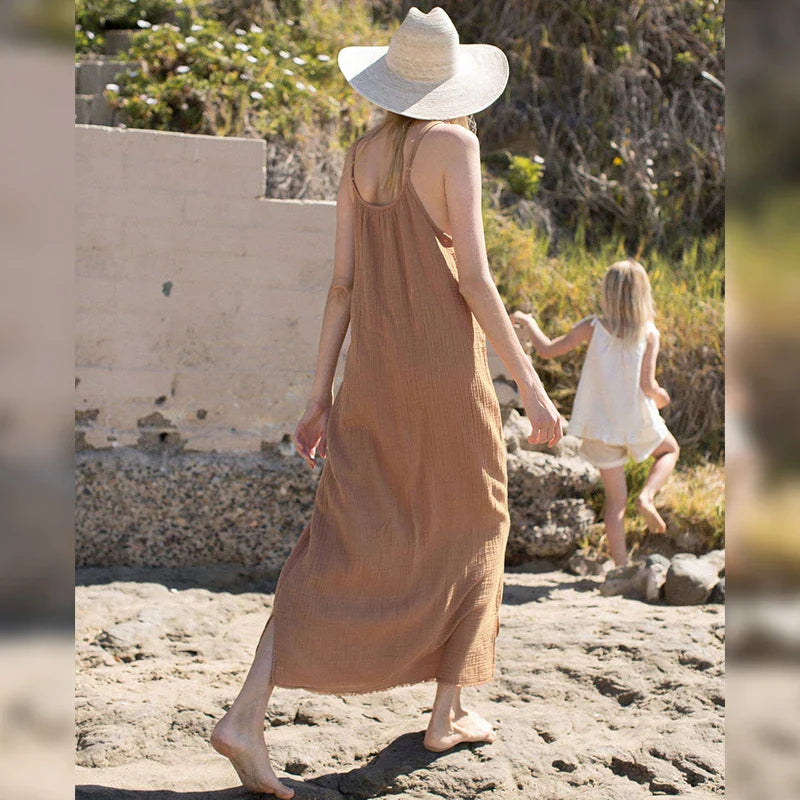 Vintage 100% Cotton Women'S Dress Sexy Spaghetti Strap Casual Loose Holiday Beach Long Midi Party Elegant Dresses For Women 2024