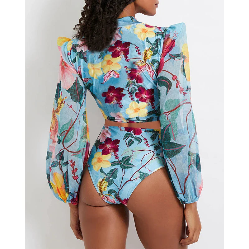 CPUTAN 2024 Sexy Floral One Piece Swimsuit Summer Women Long Sleeve Deep V Swimwear Beachwear Print Surf Monokini Bathing Suit