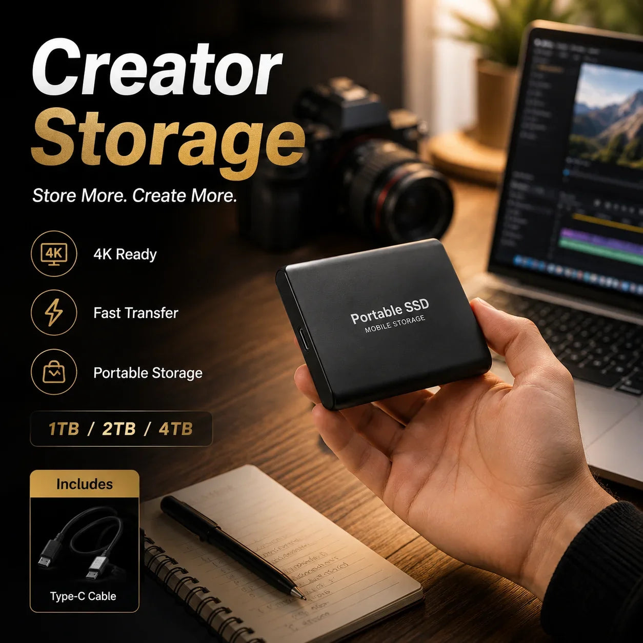 1TB 2TB Shockproof Portable External Hard Drive USB3.2 Type-C SSD Plug Play Hard Disk  For Laptop Mac