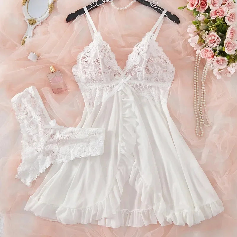 Sexy Lingerie Set, Women Erotic Bra Nightdress Sexy Sleepwear, V Neck Full Slip.