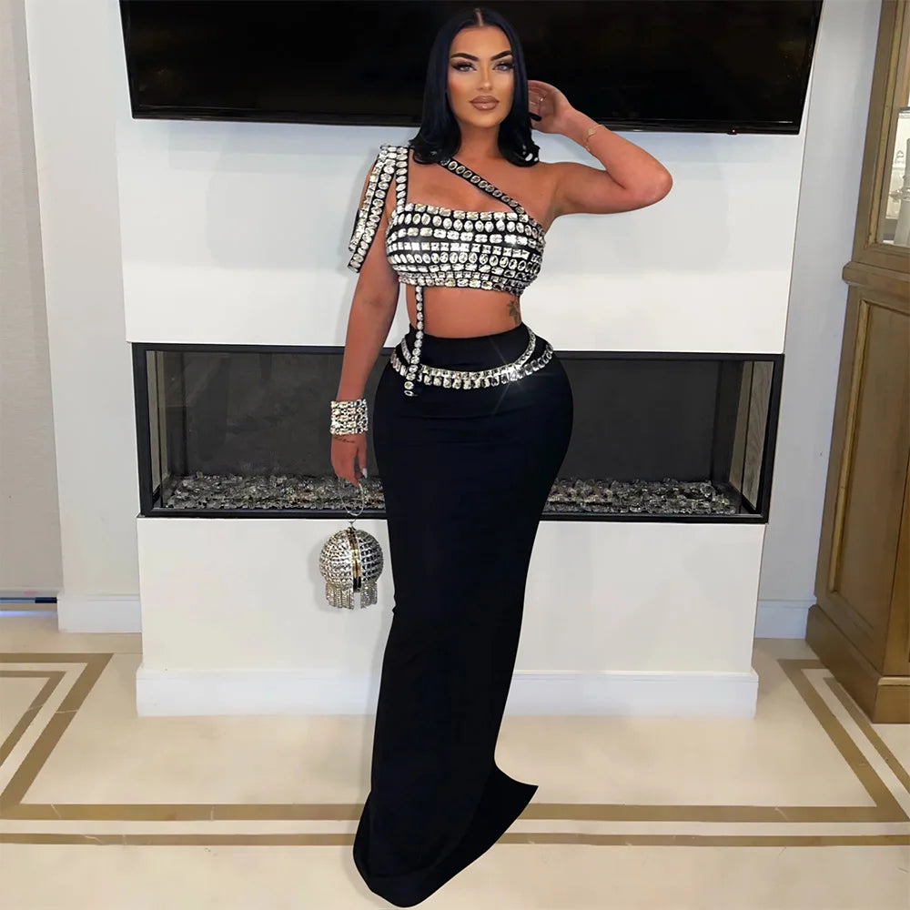 Rhinestone Dress 2 Piece Skirt Sets Elegant Luxury Long Dress 2024 Summer Clothes Sexy Club Outfit Crop Top Two Piece Skirt Sets