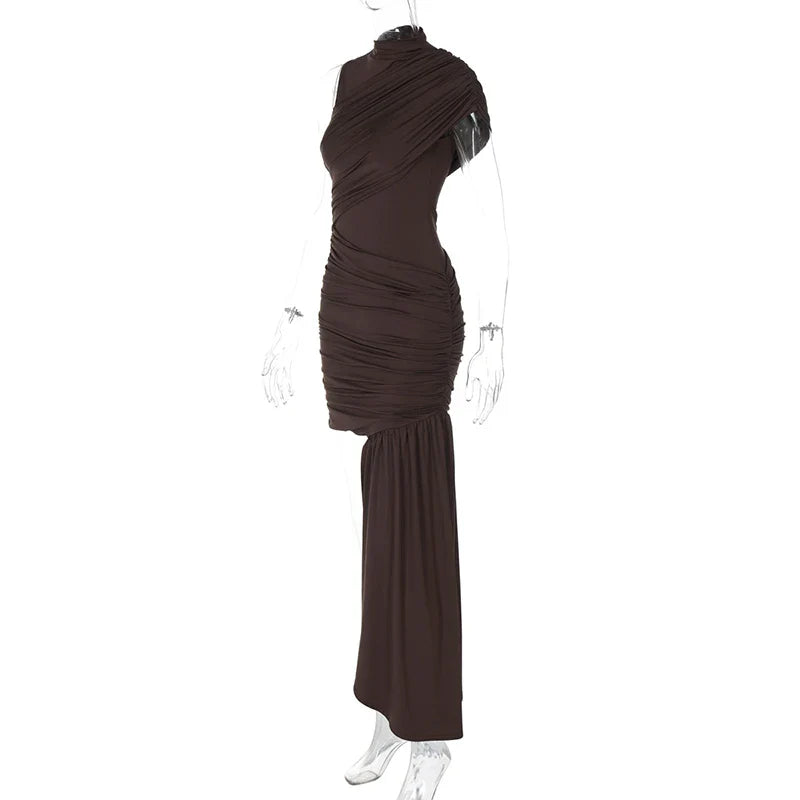 Mozision Irregular Draped Ruched Sexy Mini Dress For Women Elegant Turtleneck Sleeveless High Waist Pleated Club Party Dress