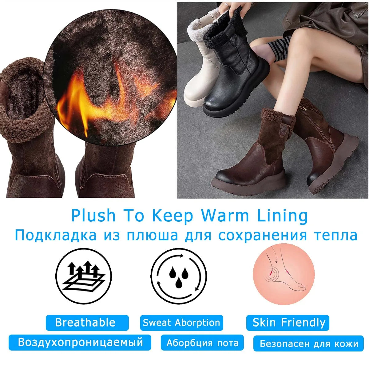 Koznoy 5cm Natural Genuine Leather Chunky Cow Spring Rubber Ankle Boots Soft Soled Winter Plush Flats Booties Autumn Women Shoes