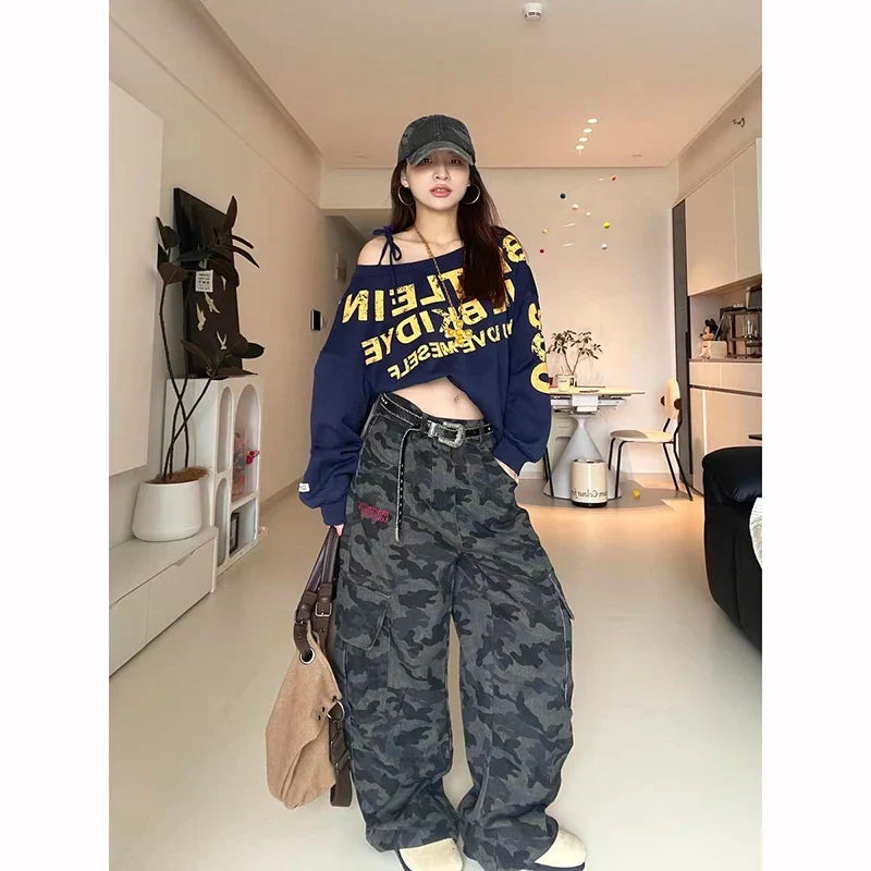 ZHIZOU Autumn Camouflage Baggy Cargo Pants Women High Rise Trousers Straight Wide Leg Oversize Pants Aesthetics Vintage Y2K jean