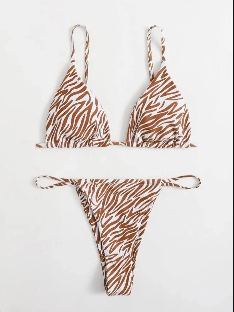 Sexy Triangle Split Swimsuit Striped Print Drawstring Women's Bikini Swimsuit