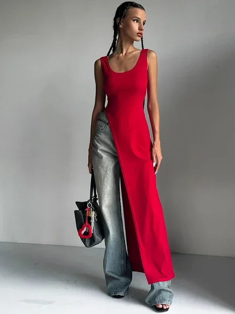 DSMTRC Sexy Sleeveless High Split Long Dresses High Street Fashion Asymmetrical Summer Dress Women 2024 Solid Red Black Vestidos