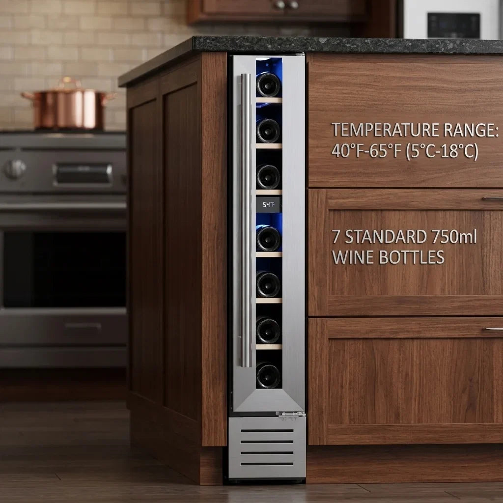 7 Bottle Mini Wine Cooler Refrigerator 5.7 Inch Freestanding Built-in Wine Fridge Constant Temperature R600a Small Wine Chiller Cabinet For Home Bar Kitchen