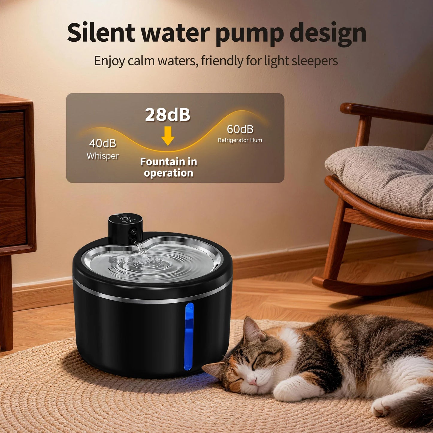 3L Cat Water Fountain Automatic Filter Pet Water Purifier 4000mAh Long-lasting Battery and Silent Pump with Stainless Steel Tray