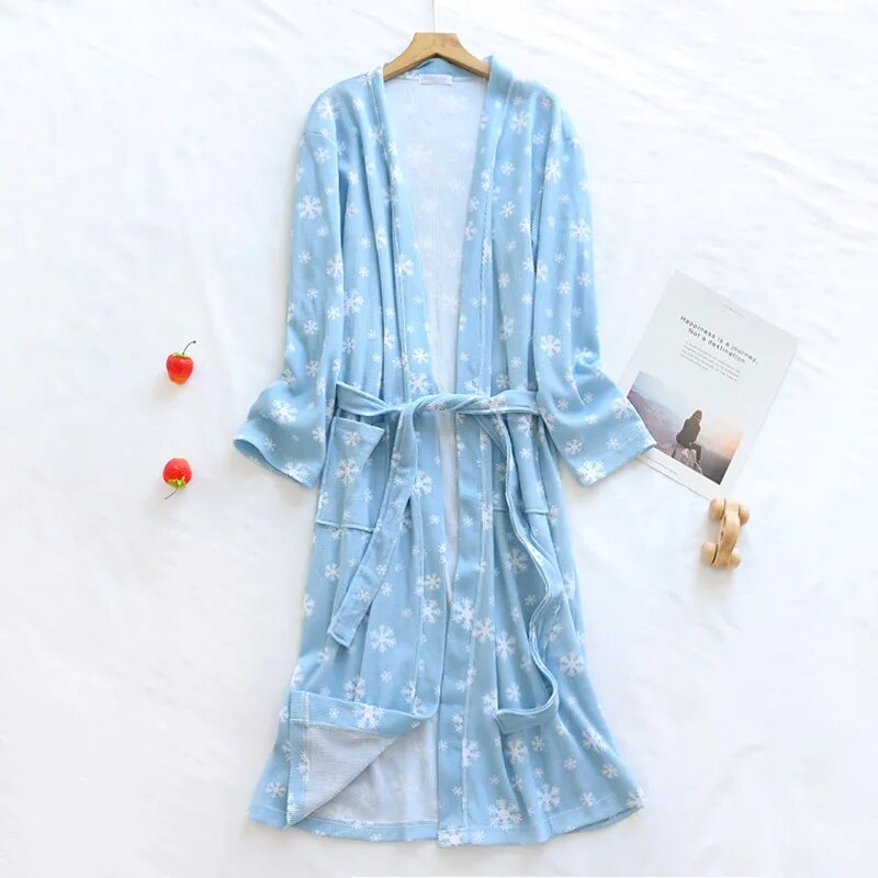 Spring and Autumn Cotton Waffle Kimono Bride Bathrobe and Night Gown Home Wear Women Flower Print Sashes House Robe for Women