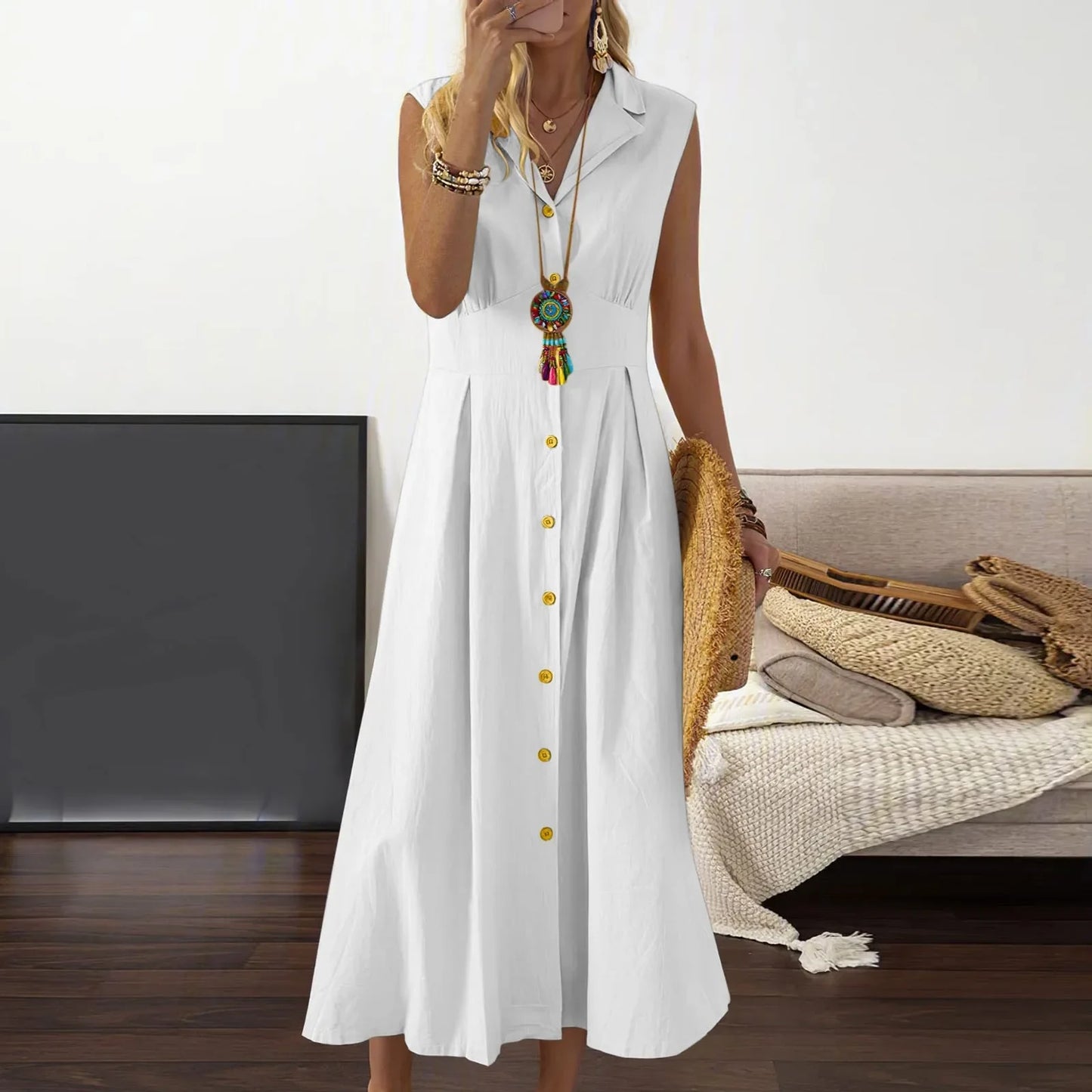 Casual Loose Sleeveless Shirt Dress Solid Color Button Cotton Linen Blend Dress Elegant Vacation Holiday Dresses платье женское