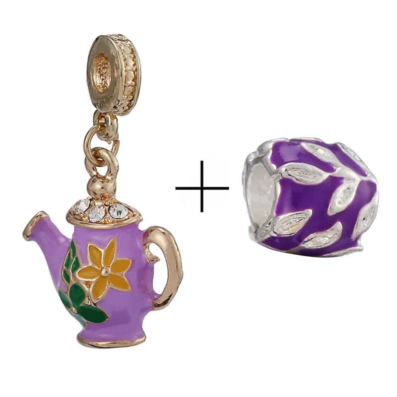 BRACE CODE 2Pcs/Lot Pan Spring New Purple Charm Love Floral Diy Beads Pendant Making Men's Women's Children's Fine Bracelets