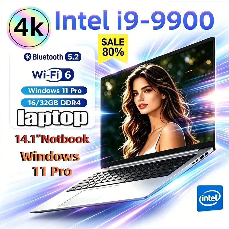 14.1" Gaming Laptop Intel Core I9-9900 32GB+2TB Windows 11 1920x1080 HD Backlit Keyboard Ultra Slim Notebook Computer Office PC