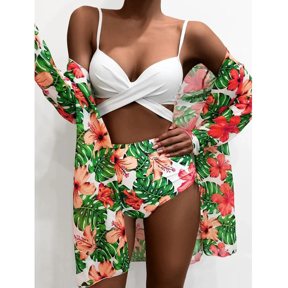 Three Pieces Bikini Set Cover Up Women New Push Up Twist Swimsuit Print Long Sleeve Swimwear Biquini Bathing Suit Summer