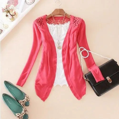 GREMISS New Summer Fashion Women Lace Sweet Candy Color Crochet Hollow Out Knitwear Blouse Full Sweater Cardigan Open Stitch