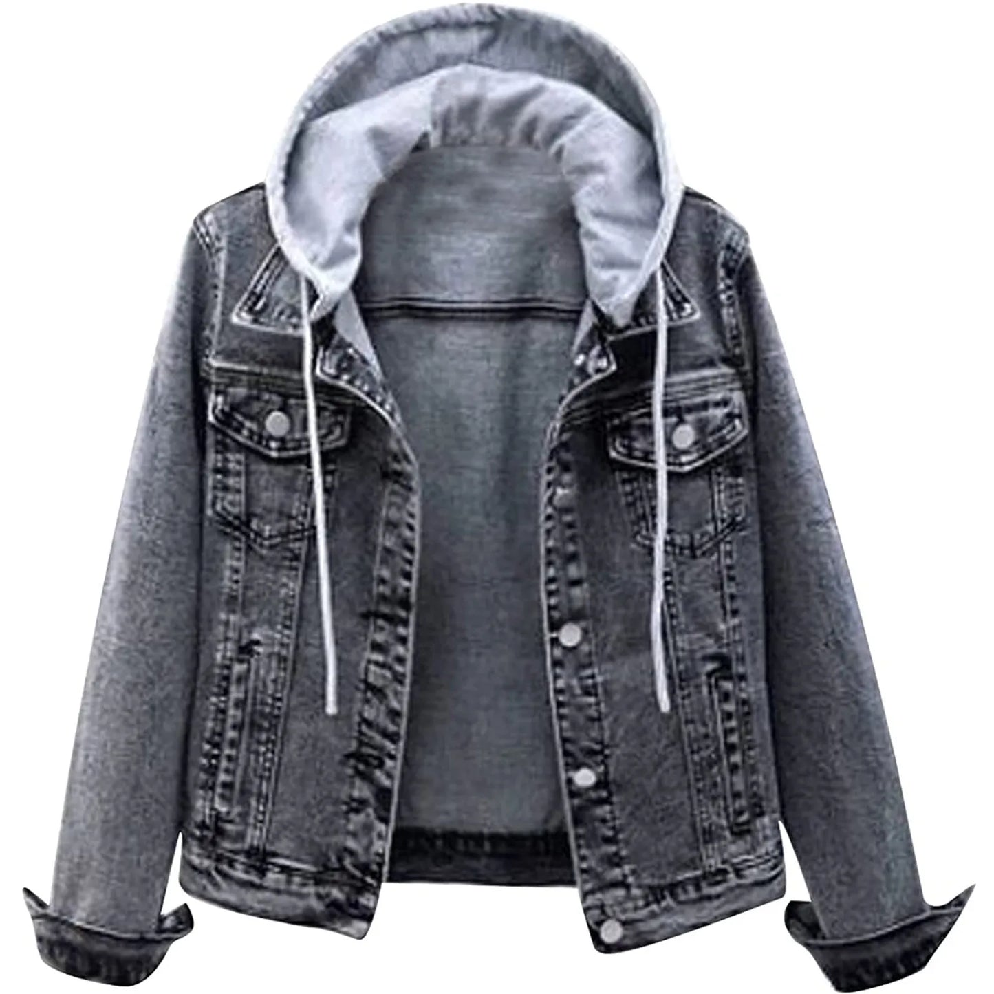 Winter Jacket Women’s Hooded Faux Denim Coats Long Sleeves Detachable Hat Thick Plush Lined Warm Jean Coats Stylish Ladies Coats