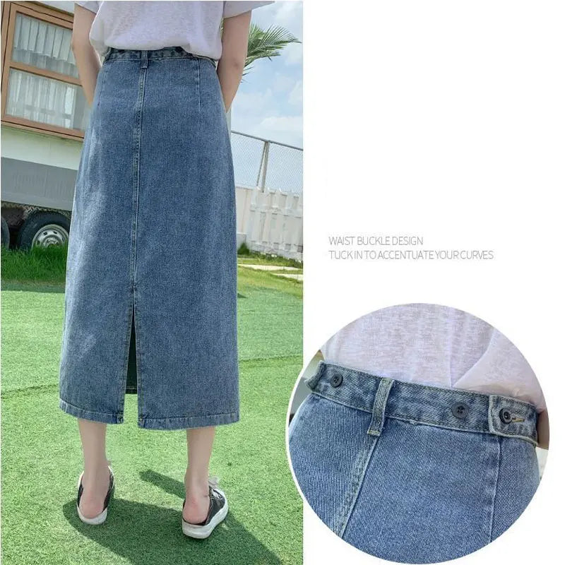 Summer Long Denim Skirt Women Oversize 5XL Korean Fashion Split Faldas Jean Mid-Length High Waist Skirts Blue Loose Cowboy Jupe