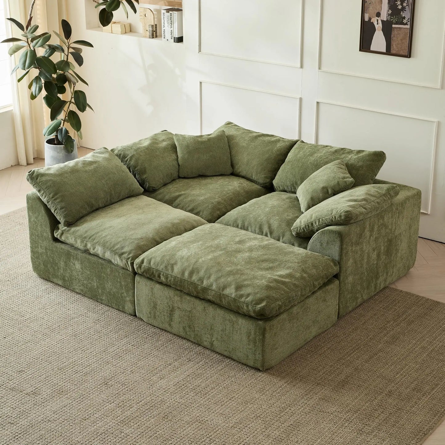 Modern Cloud L-Shaped 3-Seater Oversized Deep Seat Chenille Fabric Sofa Green Modular Sectional with Ottoman