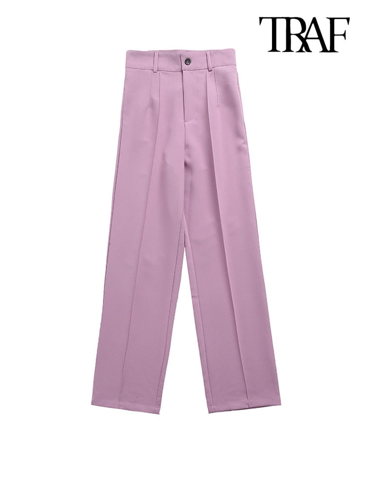 TRAF Women Chic Fashion Office Wear Straight Pants Vintage High Waist Zipper Fly Female Trousers Mujer