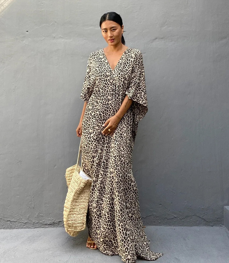 WeHello-Women's Beach Cover Ups for Swimwear, Leopard Kaftan Kimono, Swimsuit Cape, Summer Dress, Beachwear Outfits, Dropship