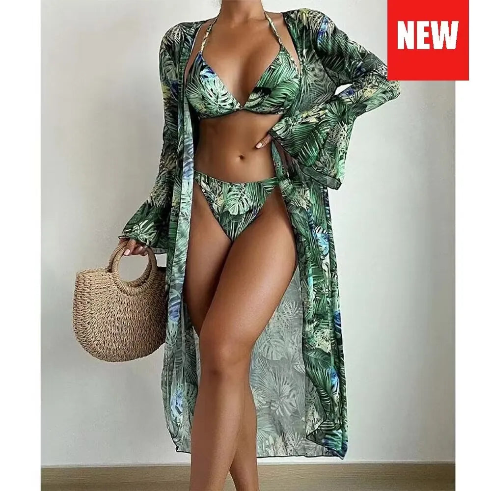 Three Pieces Bikini Set Cover Up Women New Push Up Twist Swimsuit Print Long Sleeve Swimwear Biquini Bathing Suit Summer