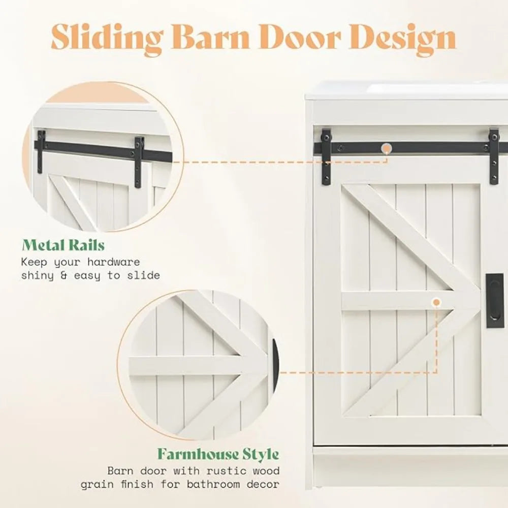 Farmhouse Bathroom Vanity with Sink Combo,Sliding Barn Door Bathroom Vanity Cabinet Set with Storage Drawers, Metal Handles