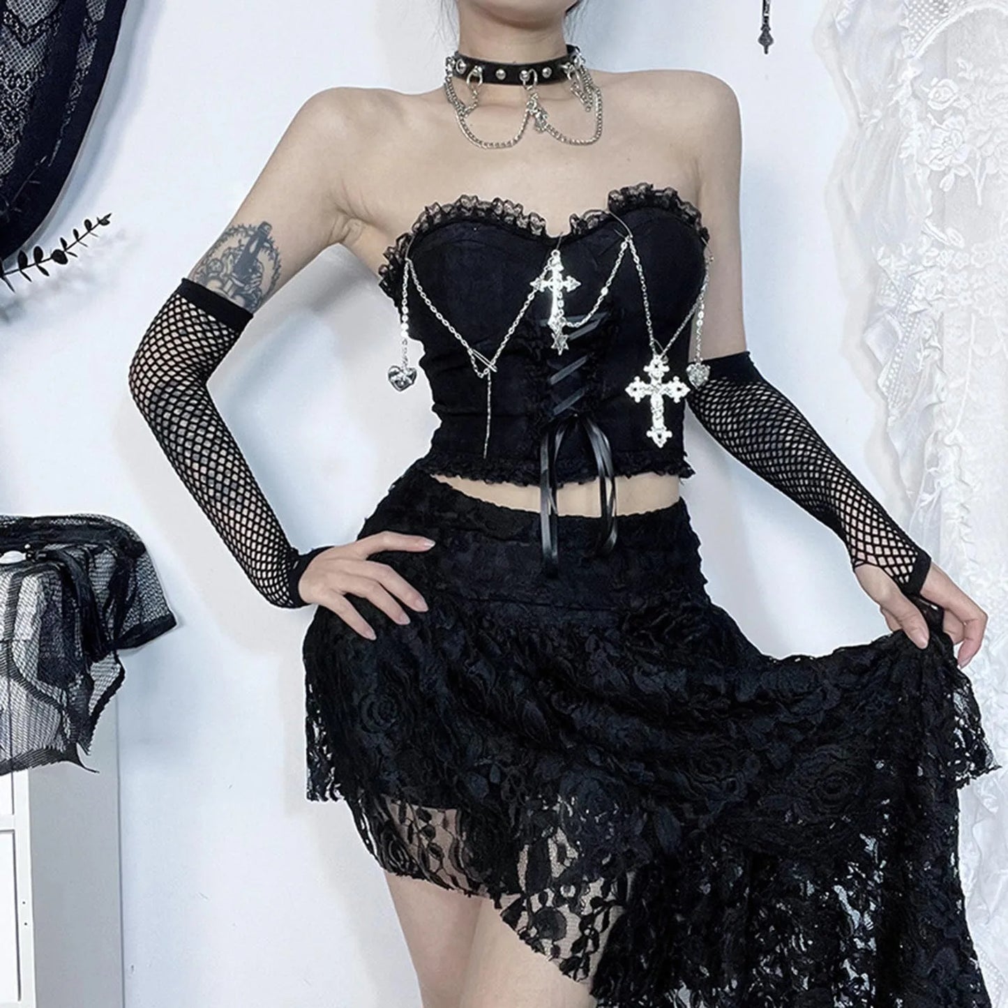 Gothic Cross Chain Crop Tube Top Women's Harajuku Lace Trim Strapless Tank Tops Y2K Clothes Punk E Girl Hippie Party Grunge Tops