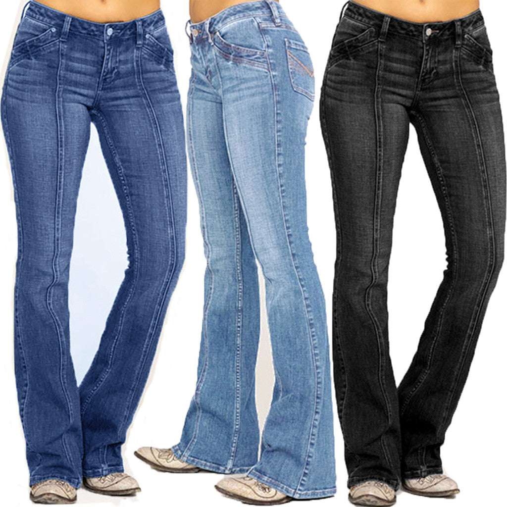 Denim Jeans For Women Mid Waisted Denim Jeans Embroidery Stretch Button Flare Pants Jeans Loose Casual Straight Jeans Vaqueros