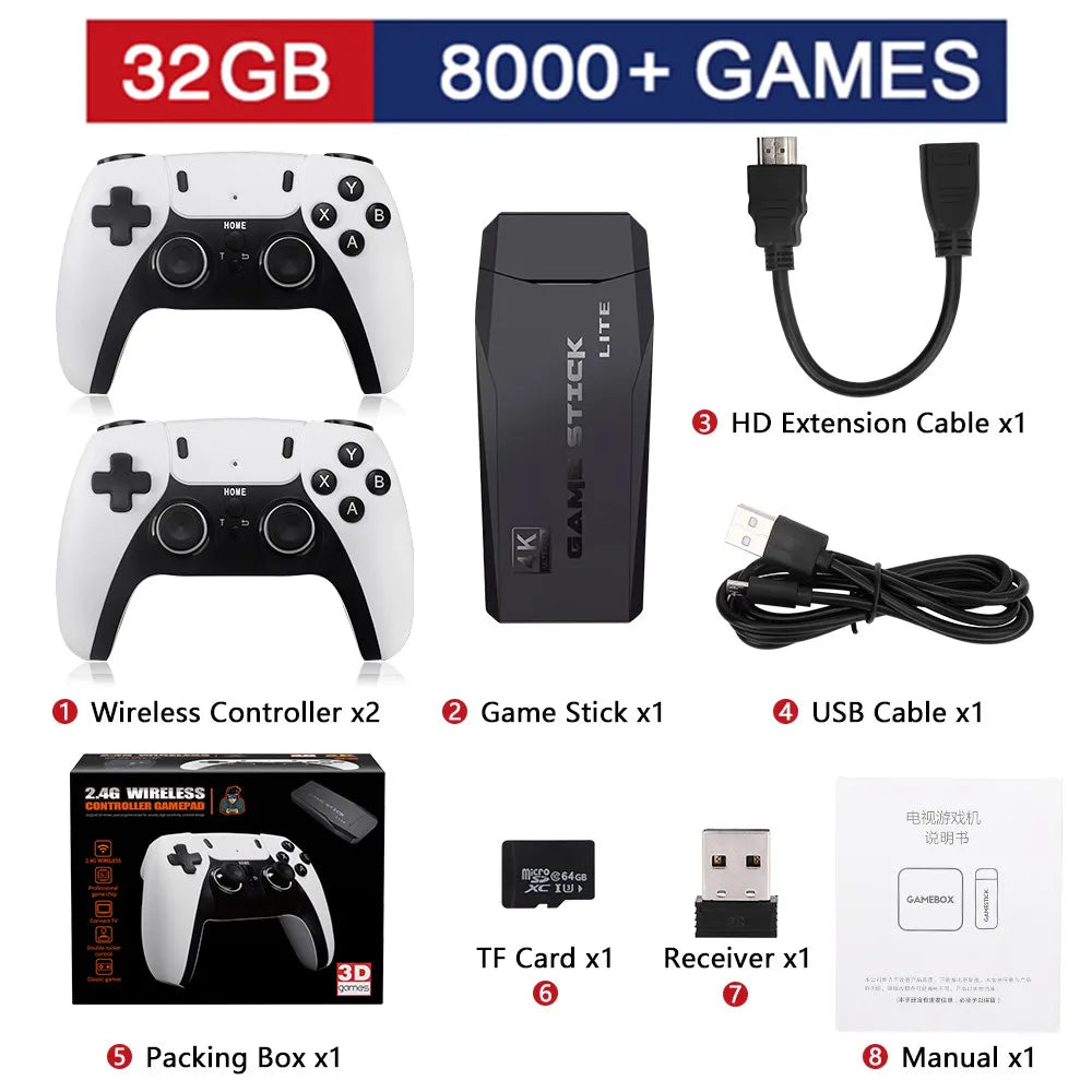 New M8 PRO Video Game Console 2.4G Double Wireless Controller Game Stick 4K 20000 Games 64GB Retro Games Boy Christmas Gift