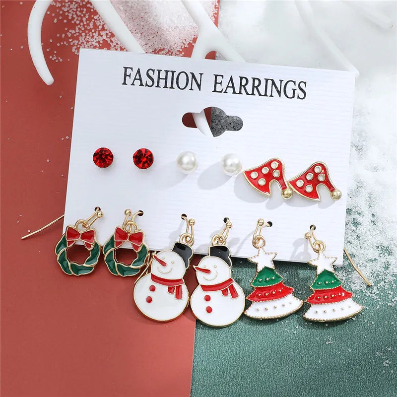6 pairs Christmas Stud Earrings Xmas Tree Brown Elk Snowman Santa Claus Cute Christmas Earrings Christmas Gifts For Women Girls