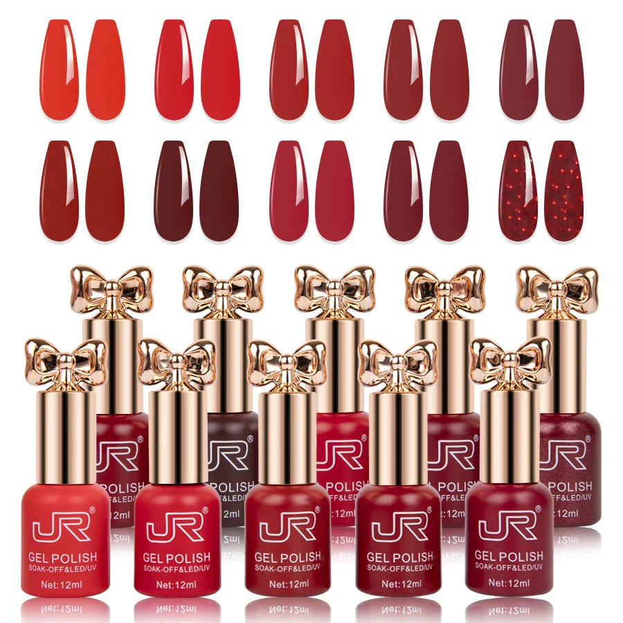 JR10pcs 12ml gel nail polish set Including Red Pink Nude Gel Polish Kit UV LED Soak Off Polish Home DIY top coat base coat gifts