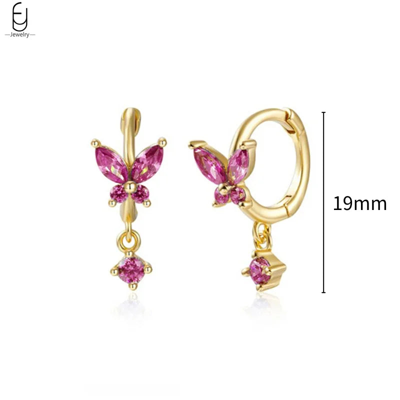 925 Sterling Silver Needle Rose Red Crystal Stud Earrings For Women Water Drop/Heart Pendant Gold Earrings Fashion Jewelry Gifts